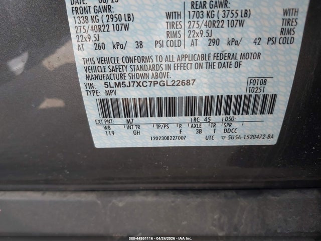 Продажа на аукционе авто 2023 Lincoln Aviator Reserve, vin: 5LM5J7XC7PGL22687, номер лота: 44951116