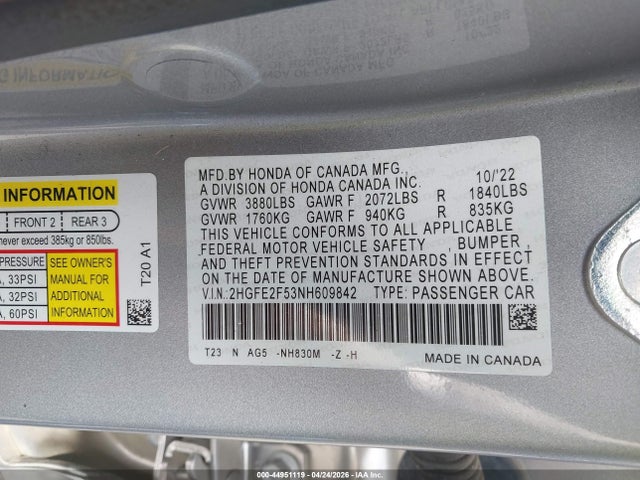 Продажа на аукционе авто 2022 Honda Civic Sport, vin: 2HGFE2F53NH609842, номер лота: 44951119