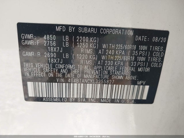 Aukcja sprzedaży 2020 Subaru Outback Limited, vin: 4S4BTANCXL3255827, numer aukcji: 44951126