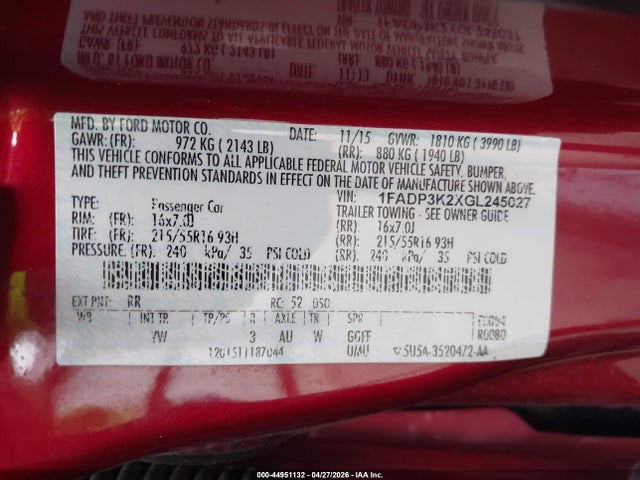 2016 Ford Focus Se მანქანა იყიდება აუქციონზე, vin: 1FADP3K2XGL245027, აუქციონის ნომერი: 44951132