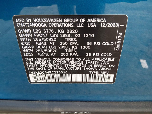 44951137 :رقم المزاد ، 1V2KE2CA4RC225316 vin ، 2024 Volkswagen Atlas Cross Sport 2.0t Se W/technology مزاد بيع