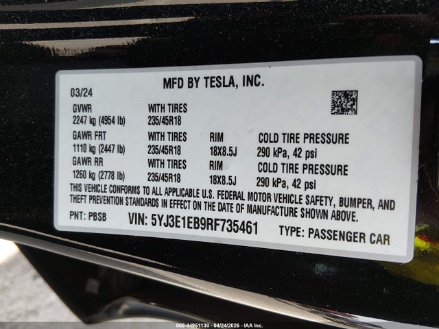 Tesla Model 3 Long Range Dual Motor All-wheel Drive 2024 5YJ3E1EB9RF735461 Image 9
