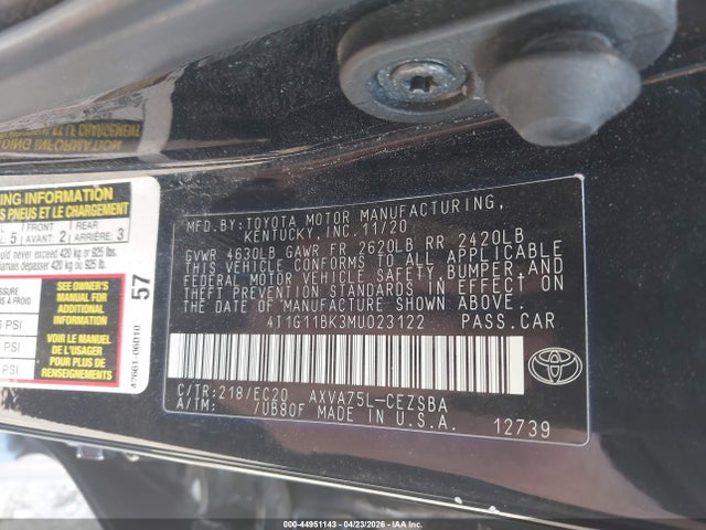 Продажа на аукционе авто 2021 Toyota Camry Se Nightshade Edition Awd, vin: 4T1G11BK3MU023122, номер лота: 44951143
