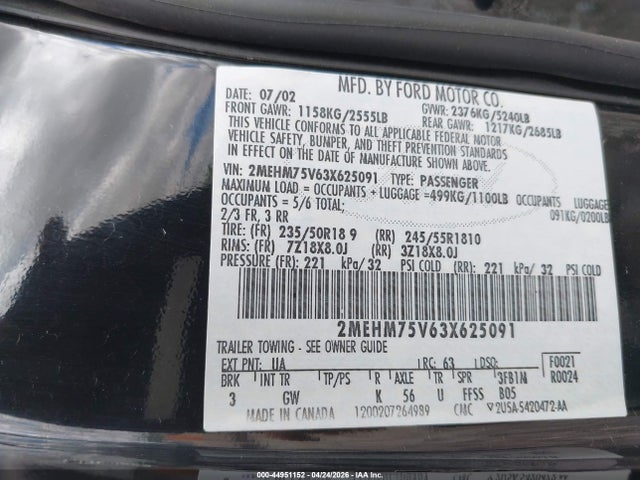 2003 Mercury Marauder მანქანა იყიდება აუქციონზე, vin: 2MEHM75V63X625091, აუქციონის ნომერი: 44951152