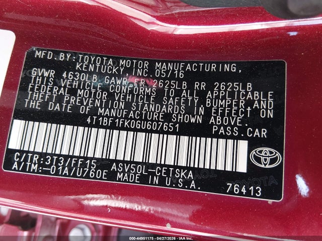 2016 Toyota Camry Se მანქანა იყიდება აუქციონზე, vin: 4T1BF1FK0GU607651, აუქციონის ნომერი: 44951175