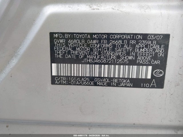 Aukcja sprzedaży 2007 Lexus Es 350, vin: JTHBJ46G872112575, numer aukcji: 44951176
