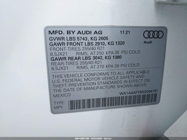 Aukcja sprzedaży 2022 Audi Sq5 Premium Tfsi Quattro Tiptronic, vin: WA1A4AFY6N2044781, numer aukcji: 44951198