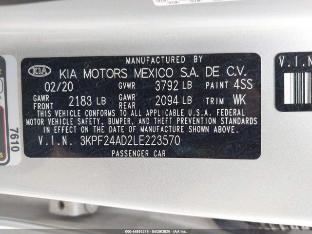2020 Kia Forte Lxs მანქანა იყიდება აუქციონზე, vin: 3KPF24AD2LE223570, აუქციონის ნომერი: 44951218