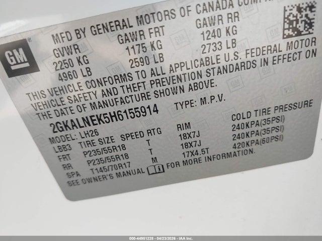 Продаж на аукціоні авто 2017 Gmc Terrain Sle-2, vin: 2GKALNEK5H6155914, номер лоту: 44951228