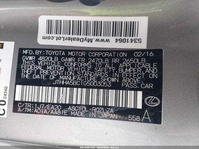 Продажа на аукционе авто 2016 Lexus Rc 200t, vin: JTHHA5BC1G5003053, номер лота: 44951230