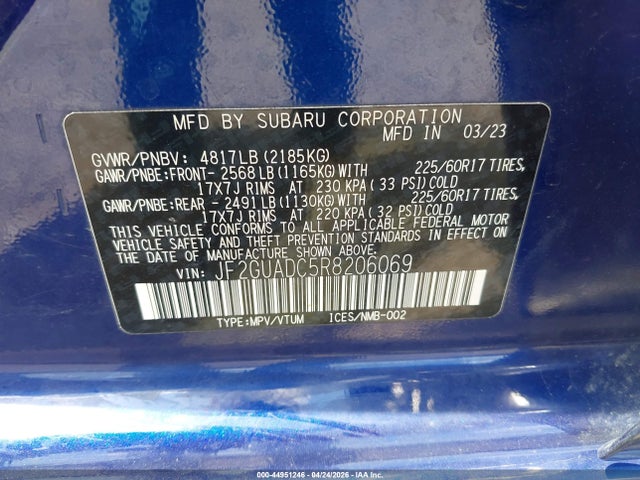 44951246 :رقم المزاد ، JF2GUADC5R8206069 vin ، 2024 Subaru Crosstrek Premium مزاد بيع