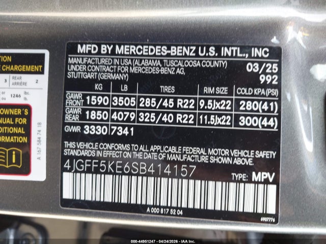 4JGFF5KE6SB414157 Mercedes-Benz Gls 450 4matic