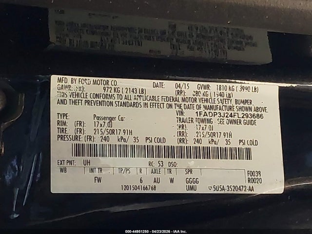 2015 Ford Focus Titanium მანქანა იყიდება აუქციონზე, vin: 1FADP3J24FL293686, აუქციონის ნომერი: 44951250