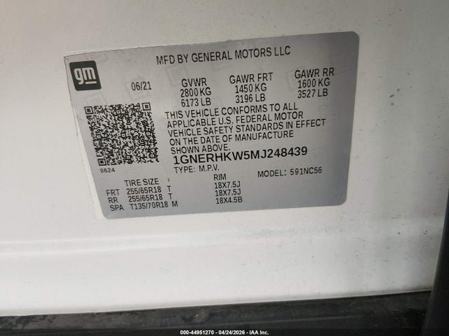Aukcja sprzedaży 2021 Chevrolet Traverse Fwd Lt Leather, vin: 1GNERHKW5MJ248439, numer aukcji: 44951270