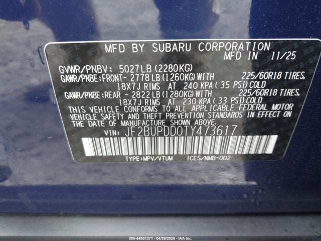 Aukcja sprzedaży 2026 Subaru Outback Limited, vin: JF2BUPDD0TY473617, numer aukcji: 44951271