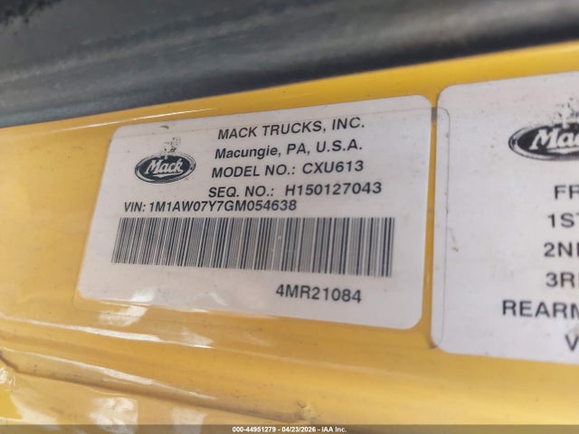 Aukcja sprzedaży 2016 Mack 600 Cxu600, vin: 1M1AW07Y7GM054638, numer aukcji: 44951279