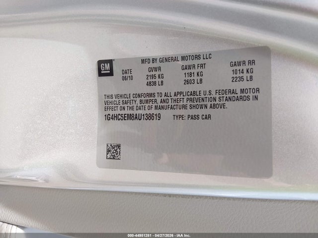 2010 Buick Lucerne Cxl მანქანა იყიდება აუქციონზე, vin: 1G4HC5EM8AU138619, აუქციონის ნომერი: 44951281