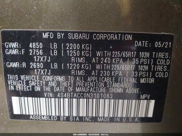 Aukcja sprzedaży 2022 Subaru Outback Premium, vin: 4S4BTACC0N3101083, numer aukcji: 44951284