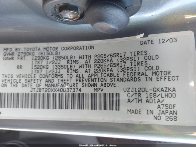 Aukcja sprzedaży 2004 Lexus Gx 470, vin: JTJBT20XX40037374, numer aukcji: 44951286