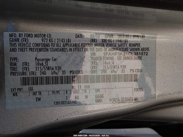 Продажа на аукционе авто 2012 Ford Focus Se, vin: 1FAHP3K21CL351572, номер лота: 44951299
