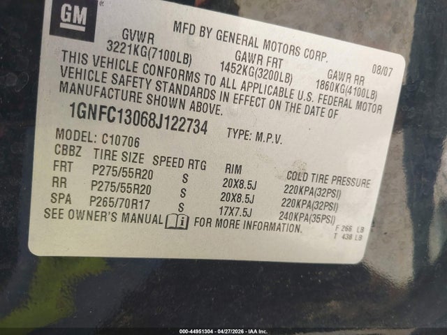 Продаж на аукціоні авто 2008 Chevrolet Tahoe Ltz, vin: 1GNFC13068J122734, номер лоту: 44951304