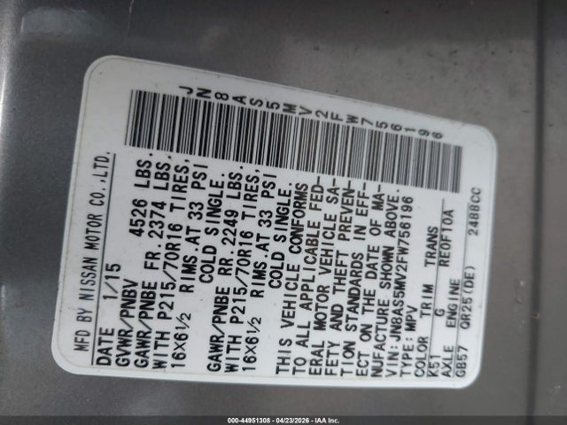 Продаж на аукціоні авто 2015 Nissan Rogue Select S, vin: JN8AS5MV2FW756196, номер лоту: 44951308