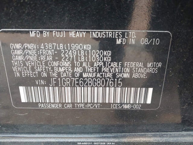Aukcja sprzedaży 2011 Subaru Impreza Wrx, vin: JF1GR7E62BG807615, numer aukcji: 44951311