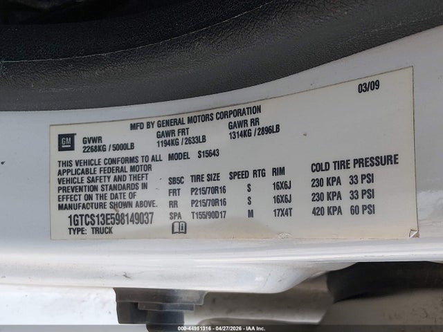 2009 Gmc Canyon Sle1 მანქანა იყიდება აუქციონზე, vin: 1GTCS13E598149037, აუქციონის ნომერი: 44951316