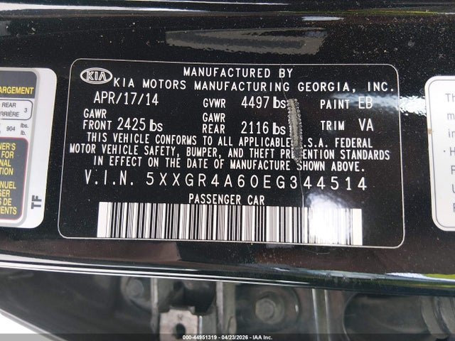 44951319 :رقم المزاد ، 5XXGR4A60EG344514 vin ، 2014 Kia Optima Sxl Turbo مزاد بيع