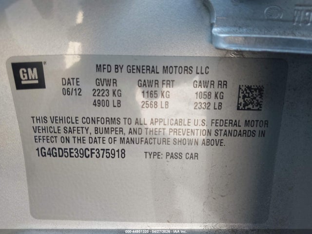 Aukcja sprzedaży 2012 Buick Lacrosse Premium 1 Group, vin: 1G4GD5E39CF375918, numer aukcji: 44951320