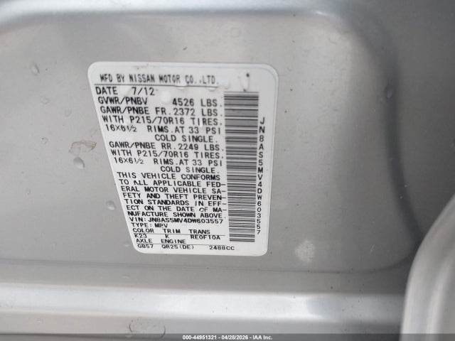 Aukcja sprzedaży 2013 Nissan Rogue S, vin: JN8AS5MV4DW603557, numer aukcji: 44951321