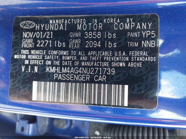 Продажа на аукционе авто 2022 Hyundai Elantra Sel, vin: KMHLM4AG4NU271739, номер лота: 44951322