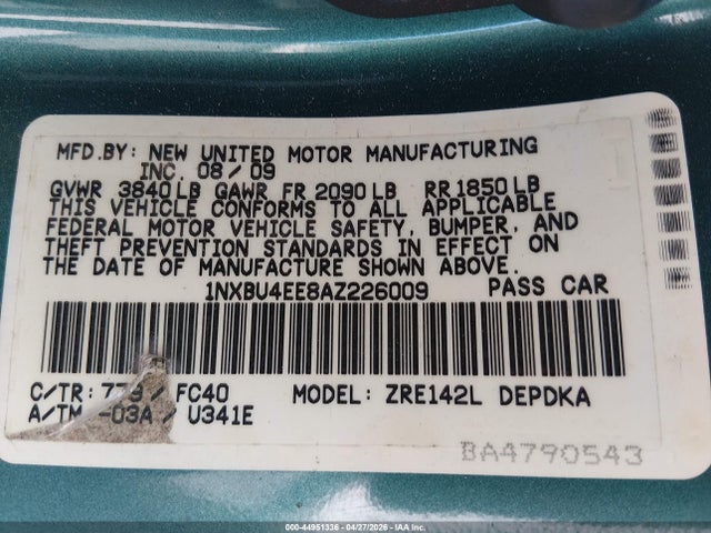 Aukcja sprzedaży 2010 Toyota Corolla Le, vin: 1NXBU4EE8AZ226009, numer aukcji: 44951336