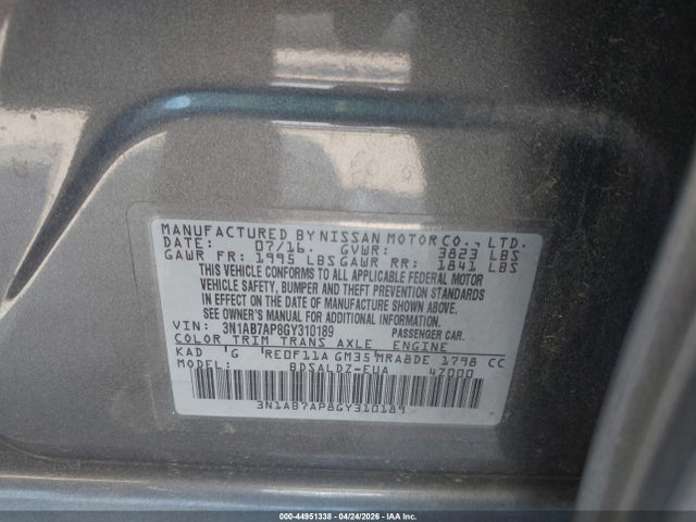 Продажа на аукционе авто 2016 Nissan Sentra Sv, vin: 3N1AB7AP8GY310189, номер лота: 44951338
