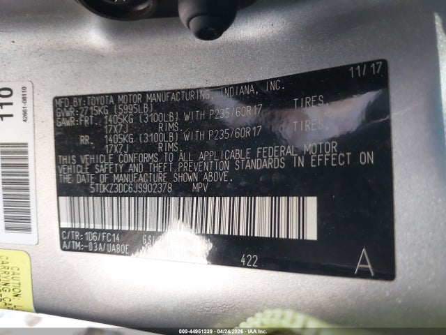 5TDKZ3DC6JS902378 Toyota Sienna Le 8 Passenger