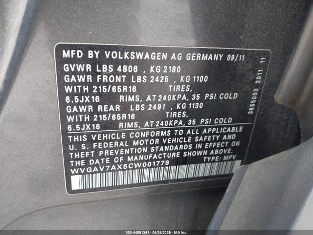 44951341 :رقم المزاد ، WVGAV7AX5CW001779 vin ، 2012 Volkswagen Tiguan S مزاد بيع