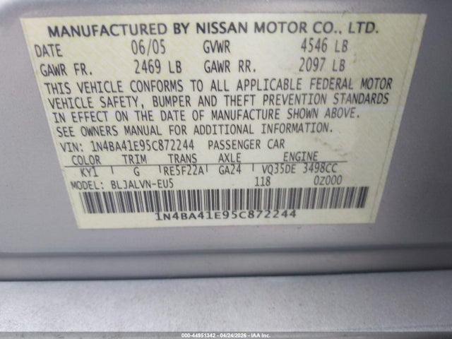 2005 Nissan Maxima 3.5 Sl მანქანა იყიდება აუქციონზე, vin: 1N4BA41E95C872244, აუქციონის ნომერი: 44951342