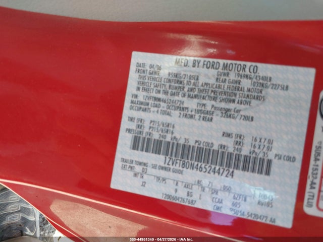 Aukcja sprzedaży 2006 Ford Mustang V6, vin: 1ZVFT80N465244724, numer aukcji: 44951349