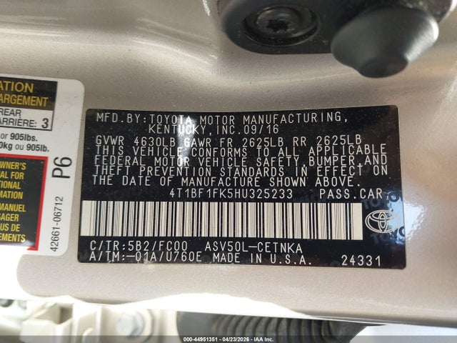 Продажа на аукционе авто 2017 Toyota Camry Le, vin: 4T1BF1FK5HU325233, номер лота: 44951351