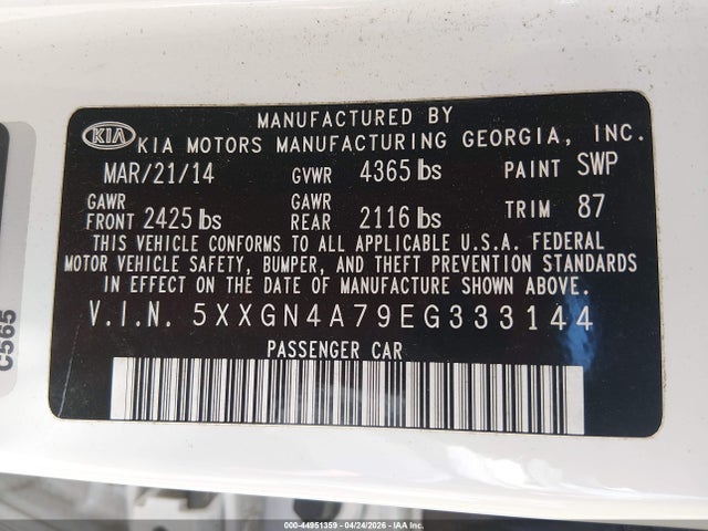 2014 Kia Optima Ex მანქანა იყიდება აუქციონზე, vin: 5XXGN4A79EG333144, აუქციონის ნომერი: 44951359