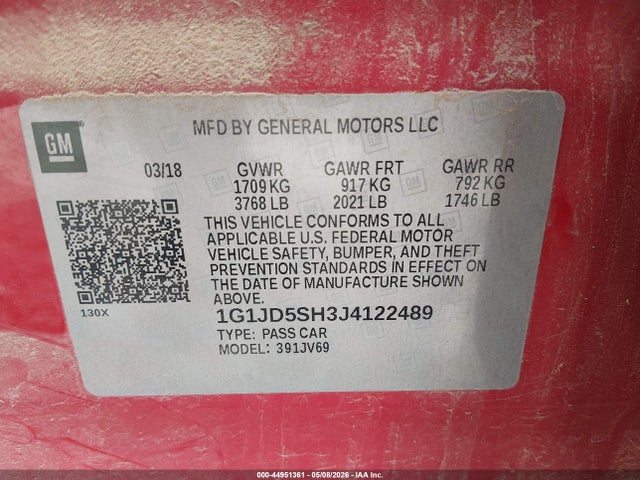 44951361 :رقم المزاد ، 1G1JD5SH3J4122489 vin ، 2018 Chevrolet Sonic Lt Auto مزاد بيع