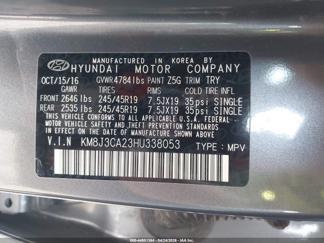 Aukcja sprzedaży 2017 Hyundai Tucson Limited, vin: KM8J3CA23HU338053, numer aukcji: 44951364
