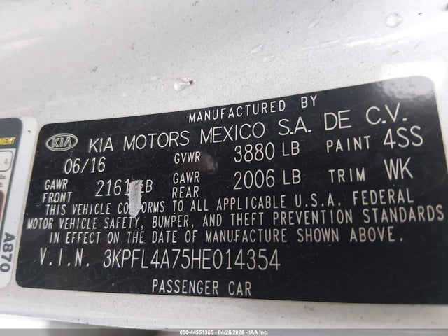 Продаж на аукціоні авто 2017 Kia Forte Lx, vin: 3KPFL4A75HE014354, номер лоту: 44951365