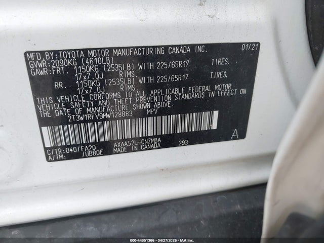 44951366 :رقم المزاد ، 2T3W1RFV9MW128883 vin ، 2021 Toyota Rav4 Xle مزاد بيع