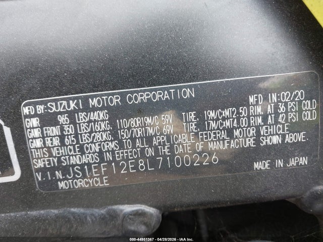 2020 Suzuki Dl1050 Rc მანქანა იყიდება აუქციონზე, vin: JS1EF12E8L7100226, აუქციონის ნომერი: 44951367