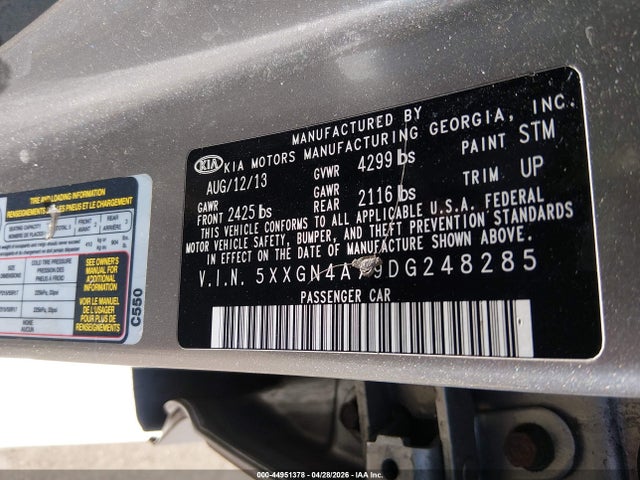 44951378 :رقم المزاد ، 5XXGN4A79DG248285 vin ، 2013 Kia Optima Ex مزاد بيع