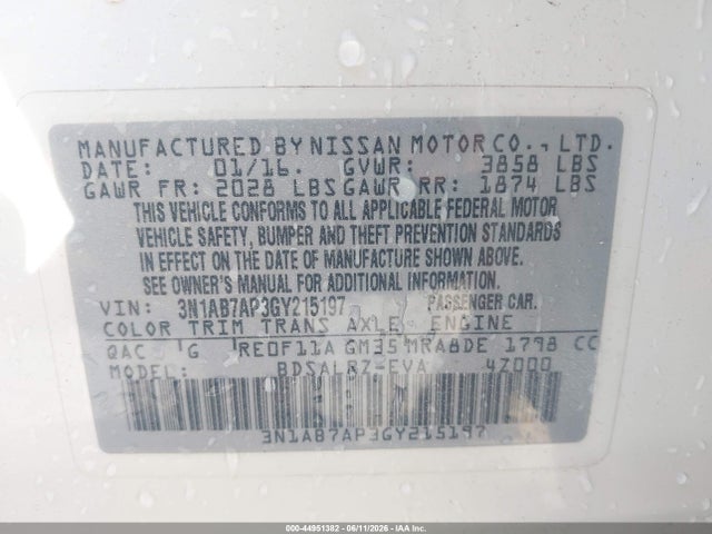 Aukcja sprzedaży 2016 Nissan Sentra Sr, vin: 3N1AB7AP3GY215197, numer aukcji: 44951382