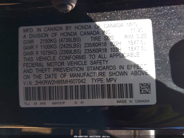 Aukcja sprzedaży 2021 Honda Cr-v Awd Ex-l, vin: 2HKRW2H88MH607042, numer aukcji: 44951385