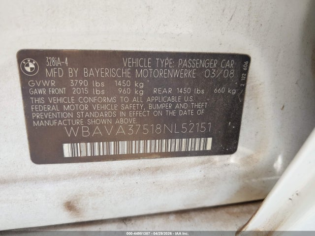 Продажа на аукционе авто 2008 Bmw 328i, vin: WBAVA37518NL52151, номер лота: 44951387