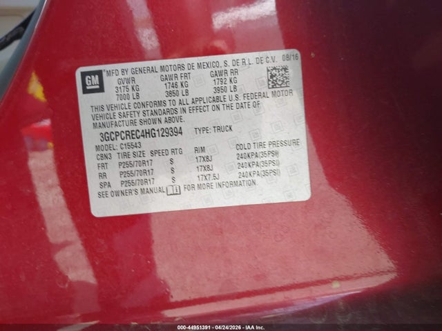 Aukcja sprzedaży 2017 Chevrolet Silverado 1500 1lt, vin: 3GCPCREC4HG129394, numer aukcji: 44951391